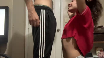 Skinny teen getting the boyfriend to come sucking his cock